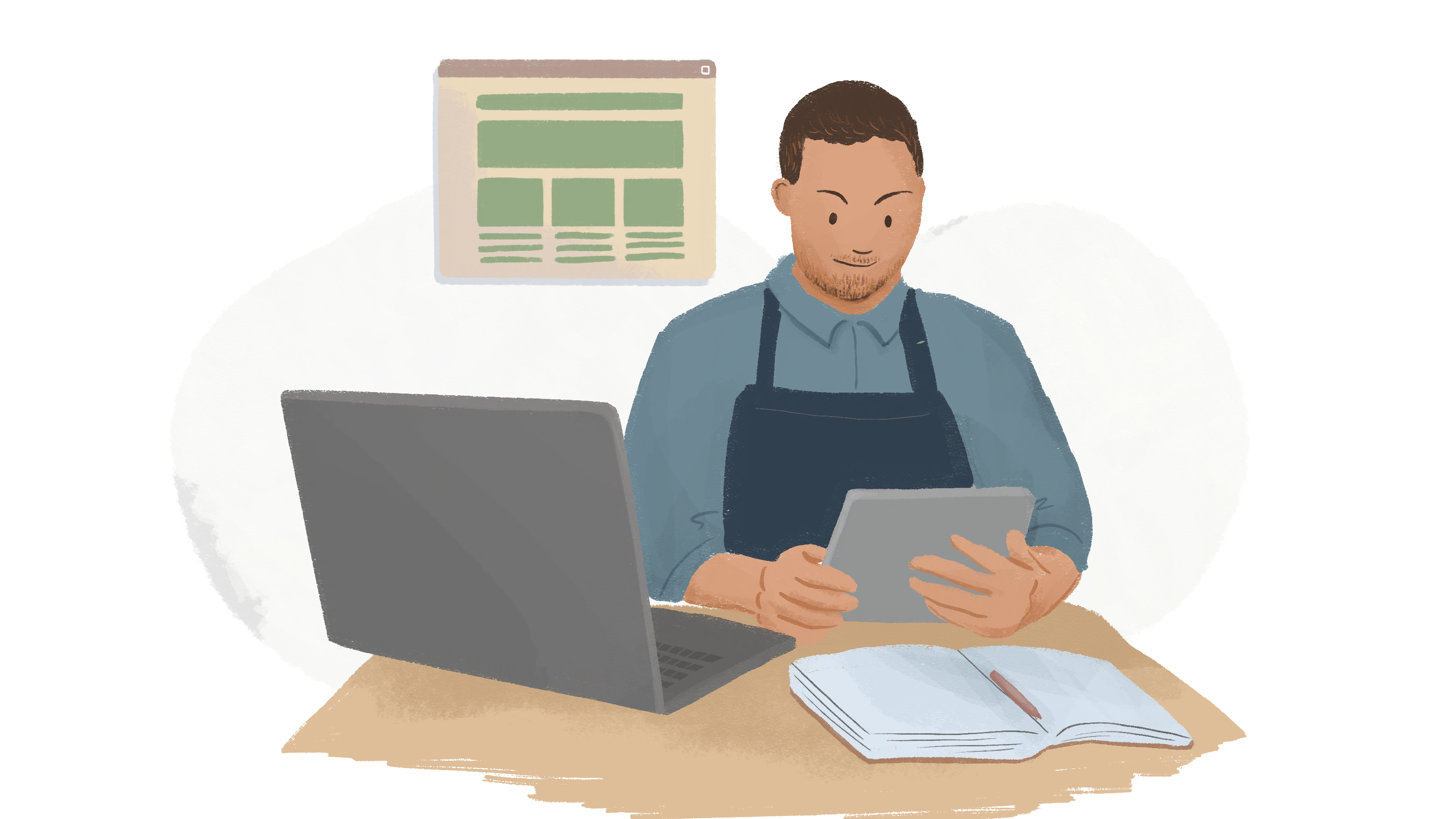 A small business owner checking their website on a tablet while smiling